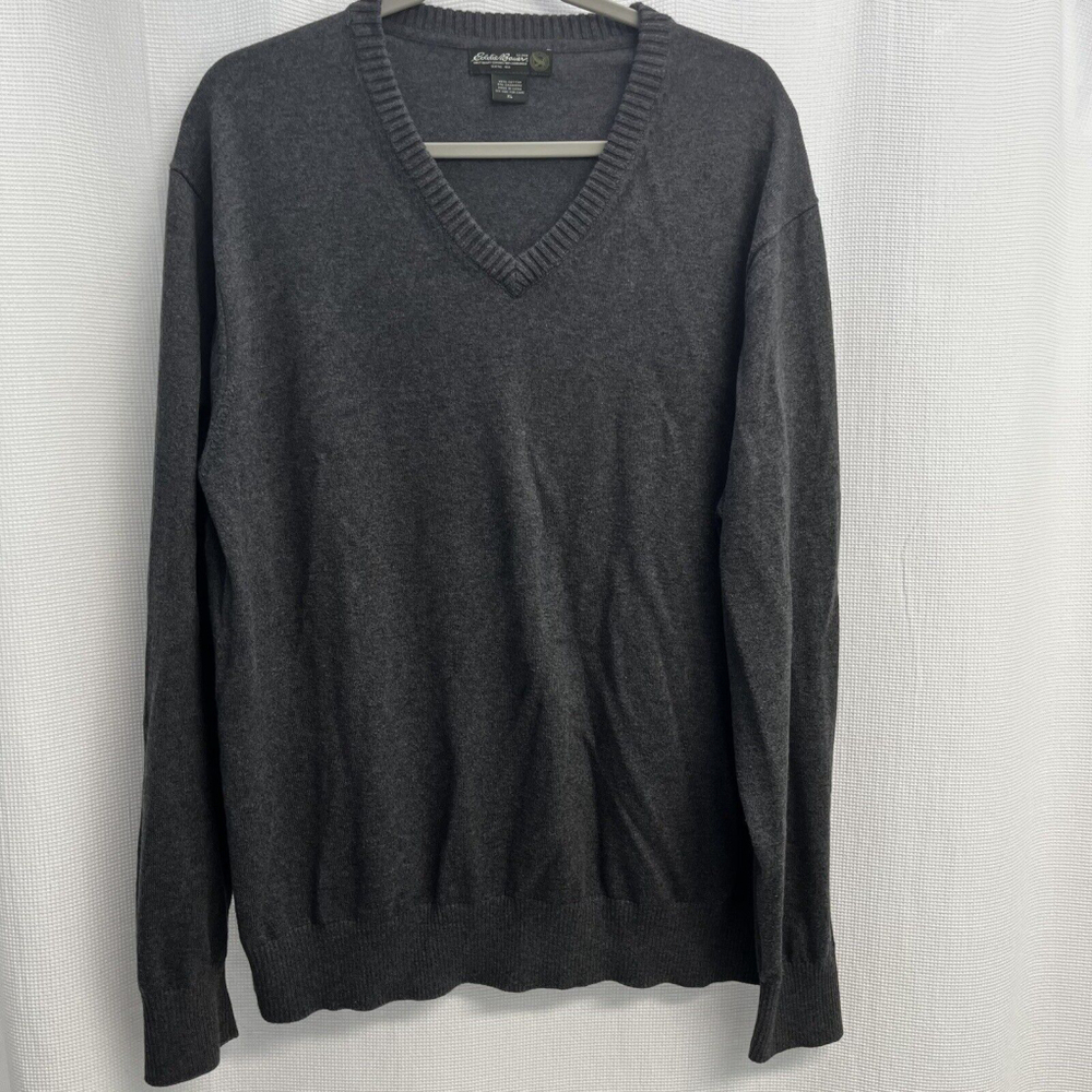 Eddie Bauer Mens Cotton Cashmere Gray V Neck Sweater Preppy Business Casual XL